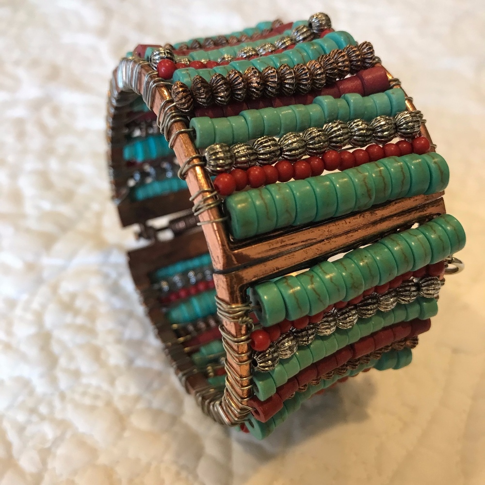 Treska Beaded‎ Cuff Bracelet Turquoise Red Copper